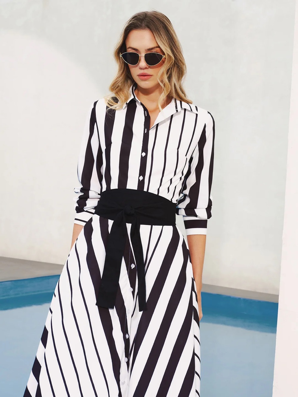 105 Striped Belted Shirt Midi Dress - Picture 3 of 6